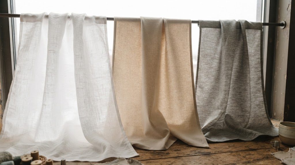 Linen vs Cotton vs Polyester Curtain Fabric Comparison Linen, cotton, and polyester curtain samples compared side by side