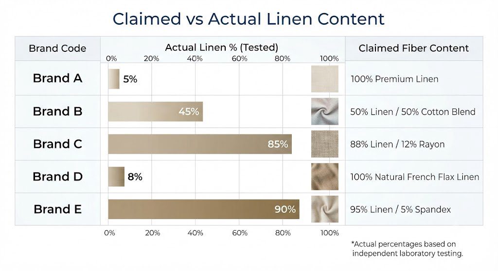 Linen Blend Curtain Lab Test Results: Brand Comparison Chart Bar chart comparing claimed vs actual linen content in five curtain brands