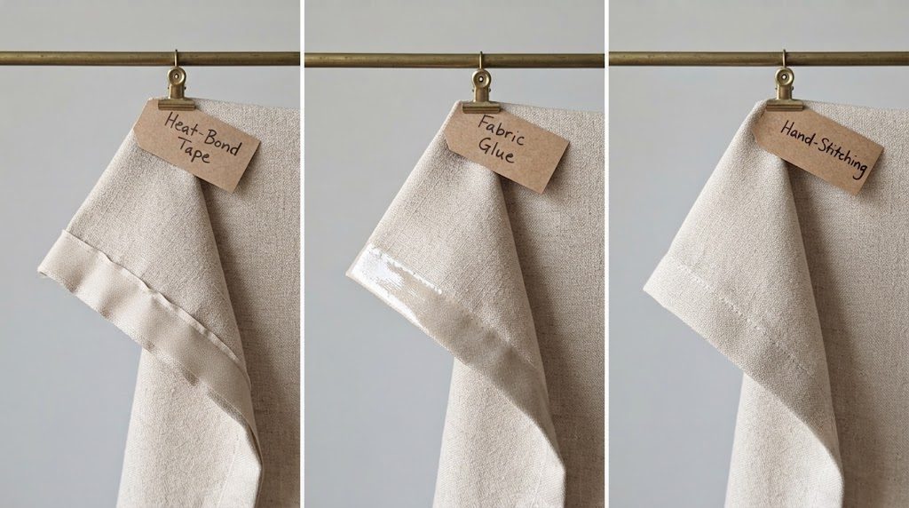 Comparison of curtain hem methods: heat-bond tape, fabric glue, and hand-stitching