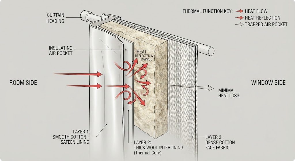 Cross-section diagram of interlined thermal curtain showing three insulating layers
