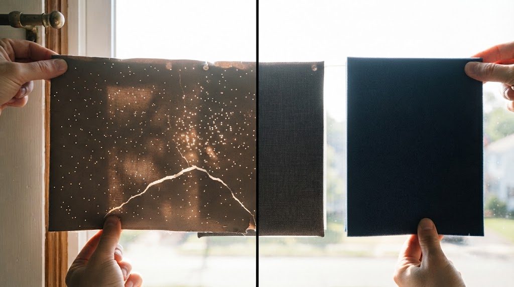 Coated blackout fabric with pinholes vs dense-weave blackout fabric still intact after one year