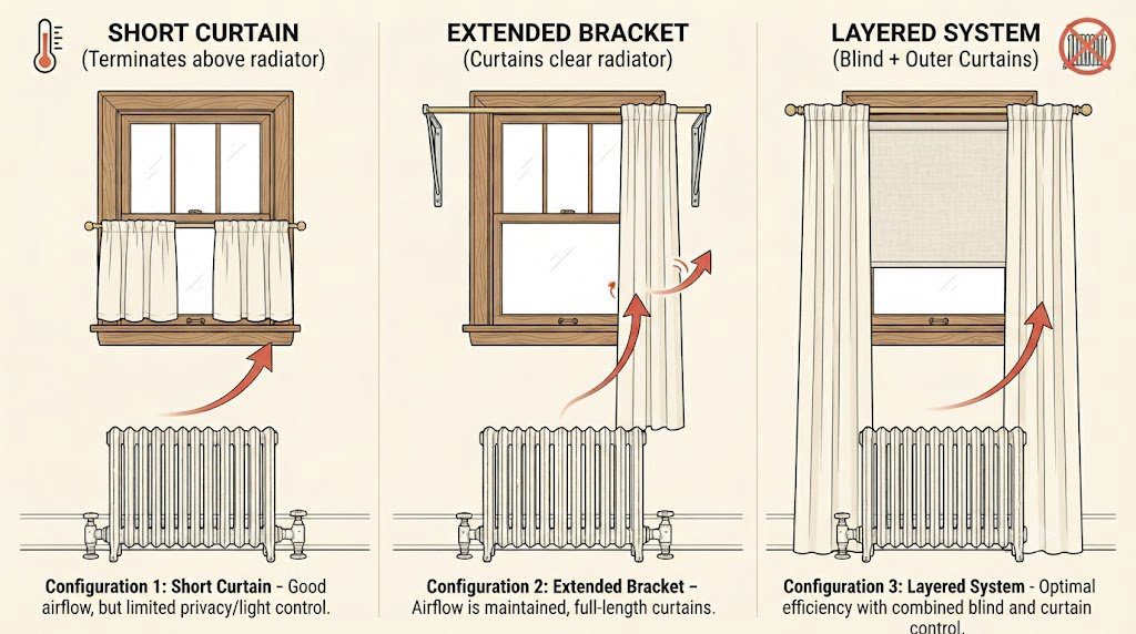 Three curtain solutions for windows above radiators: short, extended bracket, and layered
