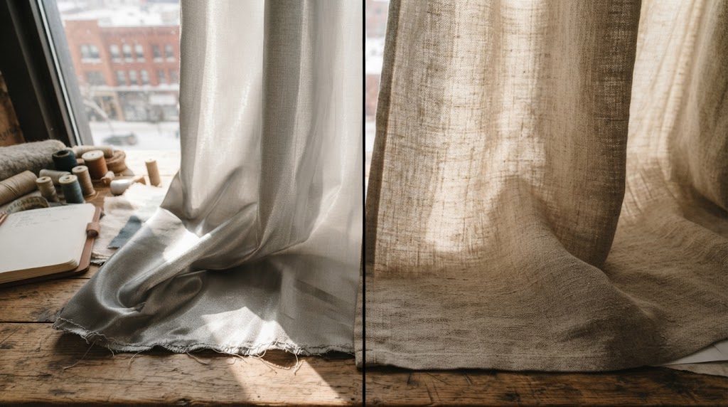Side-by-side comparison of low-quality and high-quality curtain fabric drape