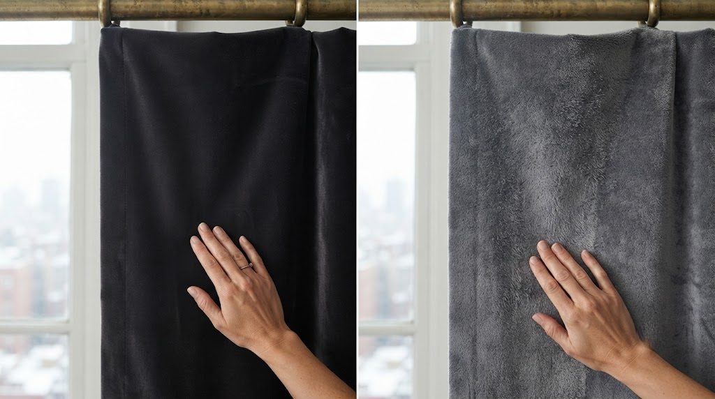 Understanding Velvet Pile Direction and Light Reflection Velvet curtain nap direction comparison: brushed smooth vs brushed against the pile