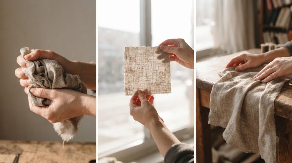 Hands performing crinkle test, light test, and drape test on curtain fabric swatch