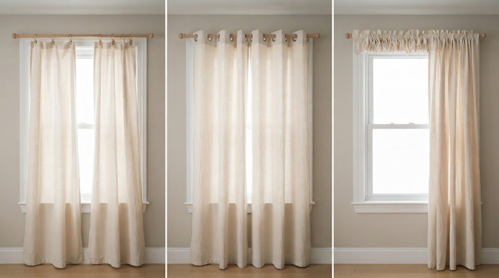 Clip Rings vs Grommets vs Rod Pocket: Curtain Header Comparison Comparison of curtain hanging methods: clip rings, grommets, and rod pocket on same window