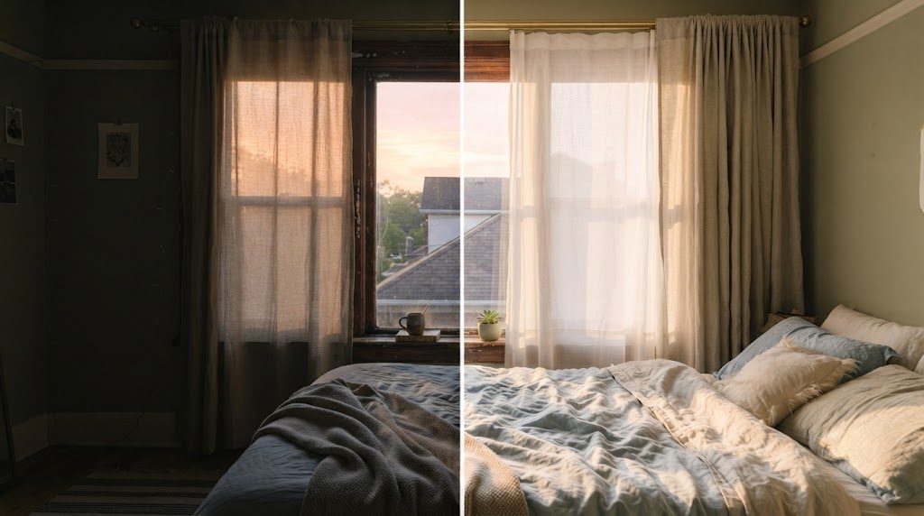 Two-Layer Curtain System for East-Facing Bedroom Windows East-facing window with blackout closed at dawn and sheer open in afternoon