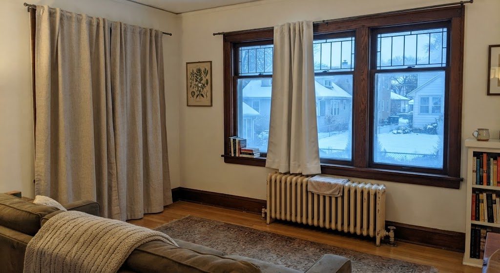North-facing Craftsman windows with different curtain solutions tested and compared