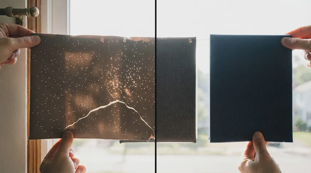 Coated blackout fabric with pinholes vs dense-weave blackout fabric still intact after one year